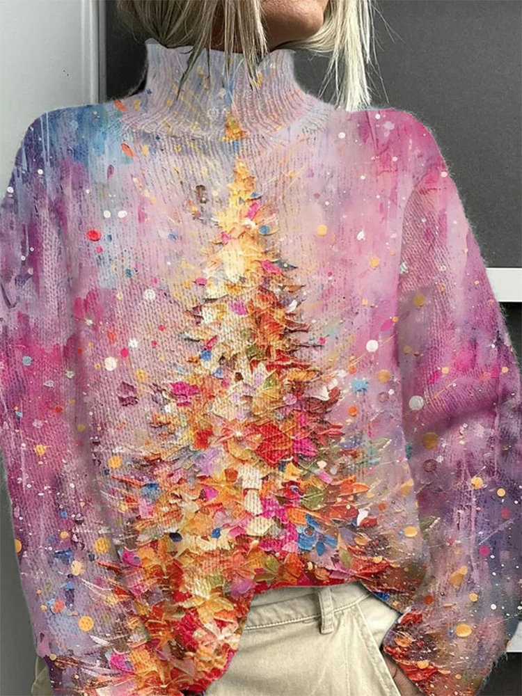 Women's Christmas Tree Art Print Knitted Turtleneck Pullover