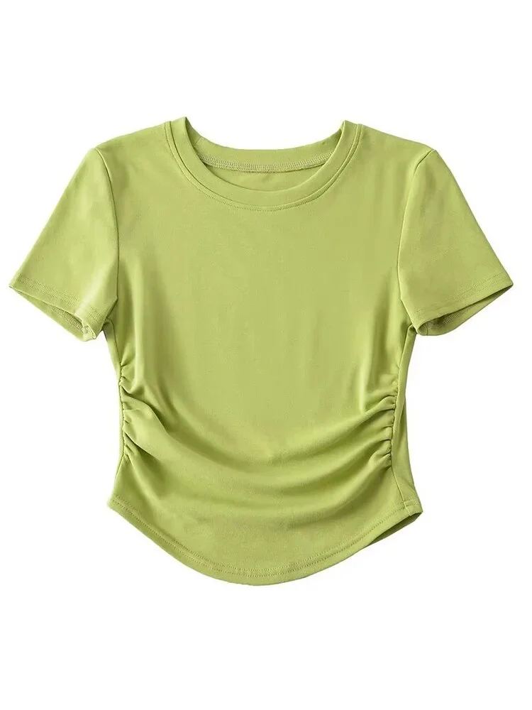 Efenbei 2025 Harajuku Women Crew Neck Short Sleeve Cotton Tee With Ruched Sides Detail T-shirts