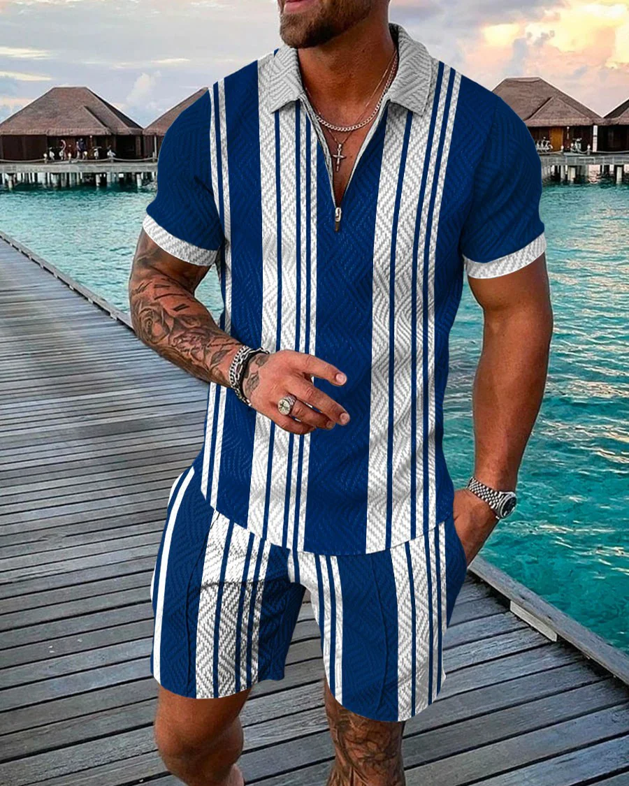 Men's Casual Striped Print Polo Shirt Two Piece