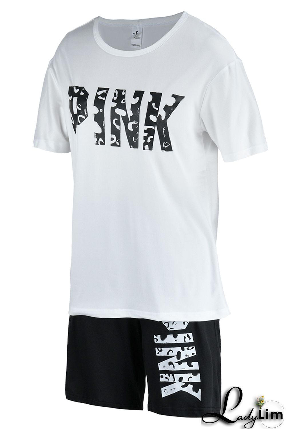 Rose Red Fashion Casual Letter Print Patchwork O Neck Short Sleeve Plus Size Two Pieces