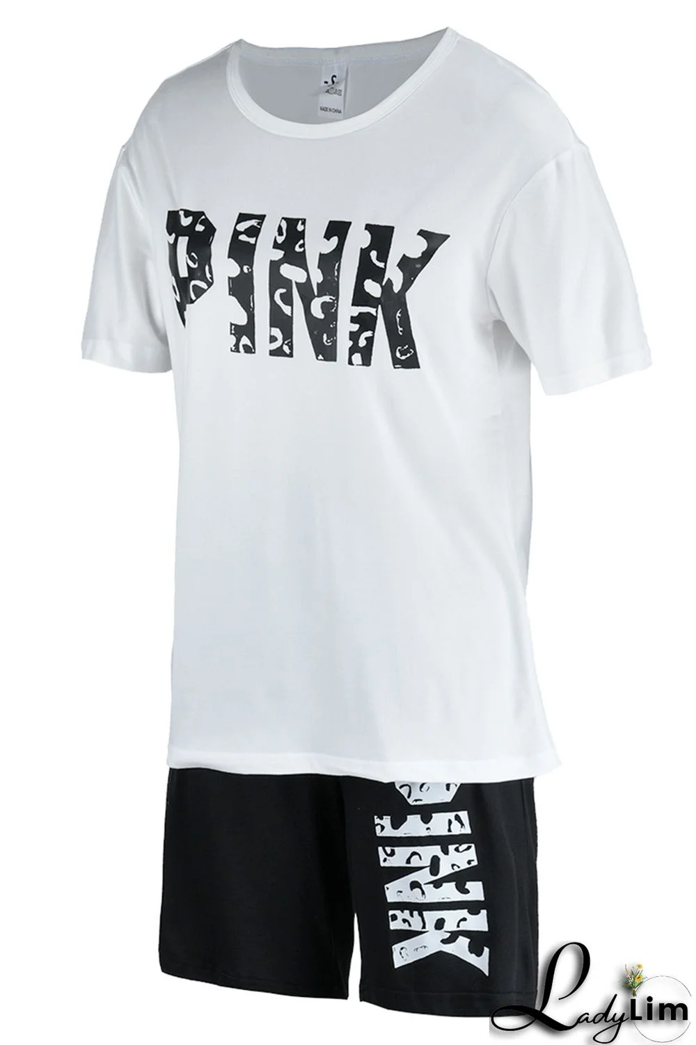 Rose Red Fashion Casual Letter Print Patchwork O Neck Short Sleeve Plus Size Two Pieces