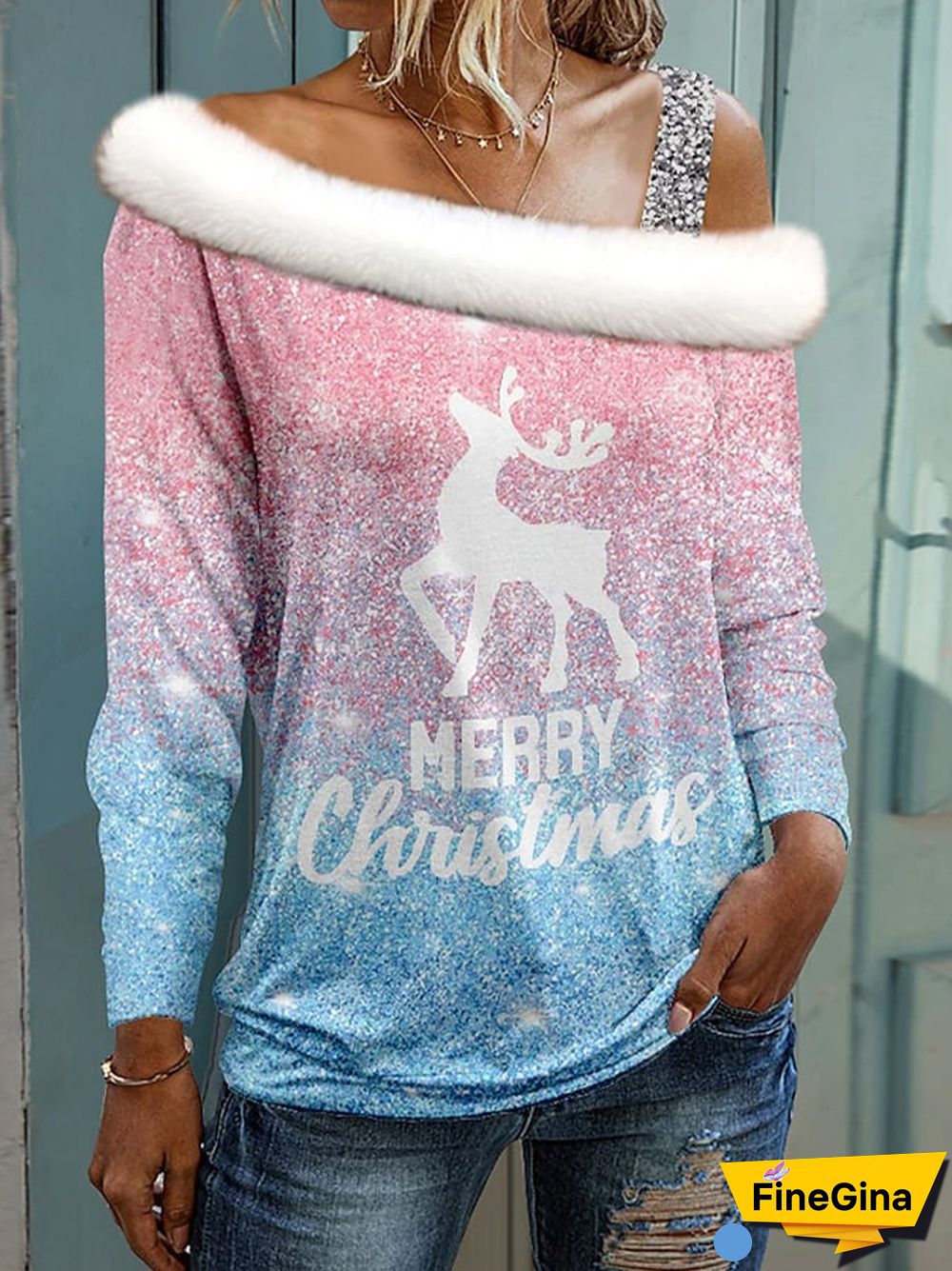 Women's Christmas Pink Elk Printed Off Shoulder Fur Collar Casual Top