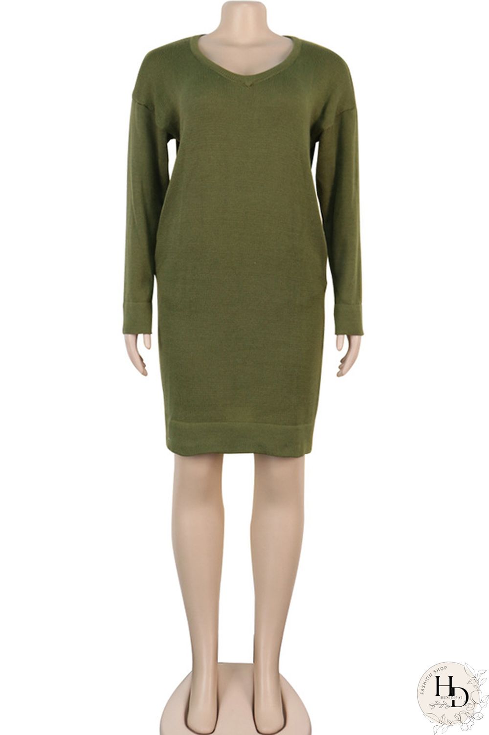 Olive green Acetyl fiber Sexy Cap Sleeve Long Sleeves V Neck Straight Knee-Length Solid