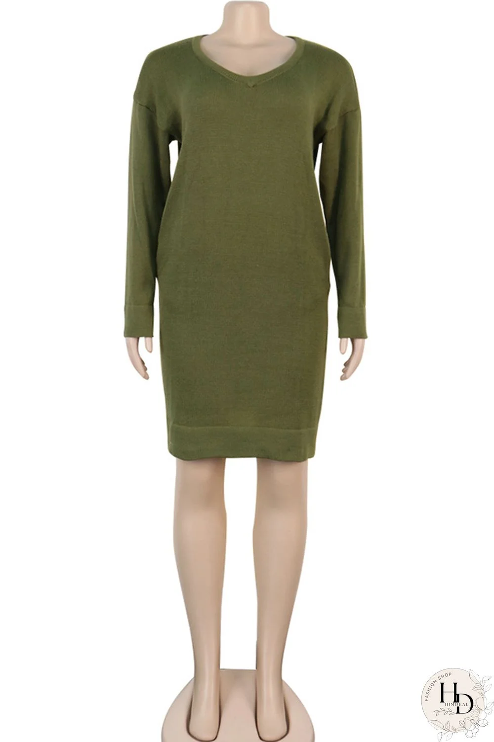 Olive green Acetyl fiber Sexy Cap Sleeve Long Sleeves V Neck Straight Knee-Length Solid