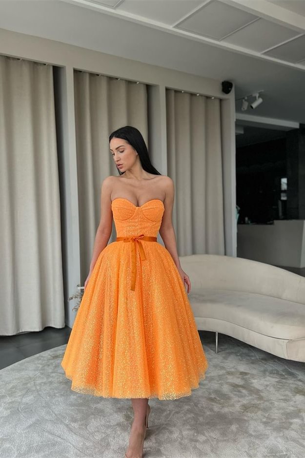 Short Orange Sweetheart Evening Dress Sequins With Belt | Ballbellas Ballbellas