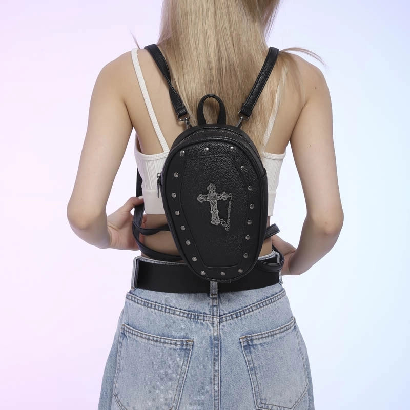 Halloween Women’s Medium Pu Leather Cross Skull Streetwear Oval Zipper Fashion Backpack