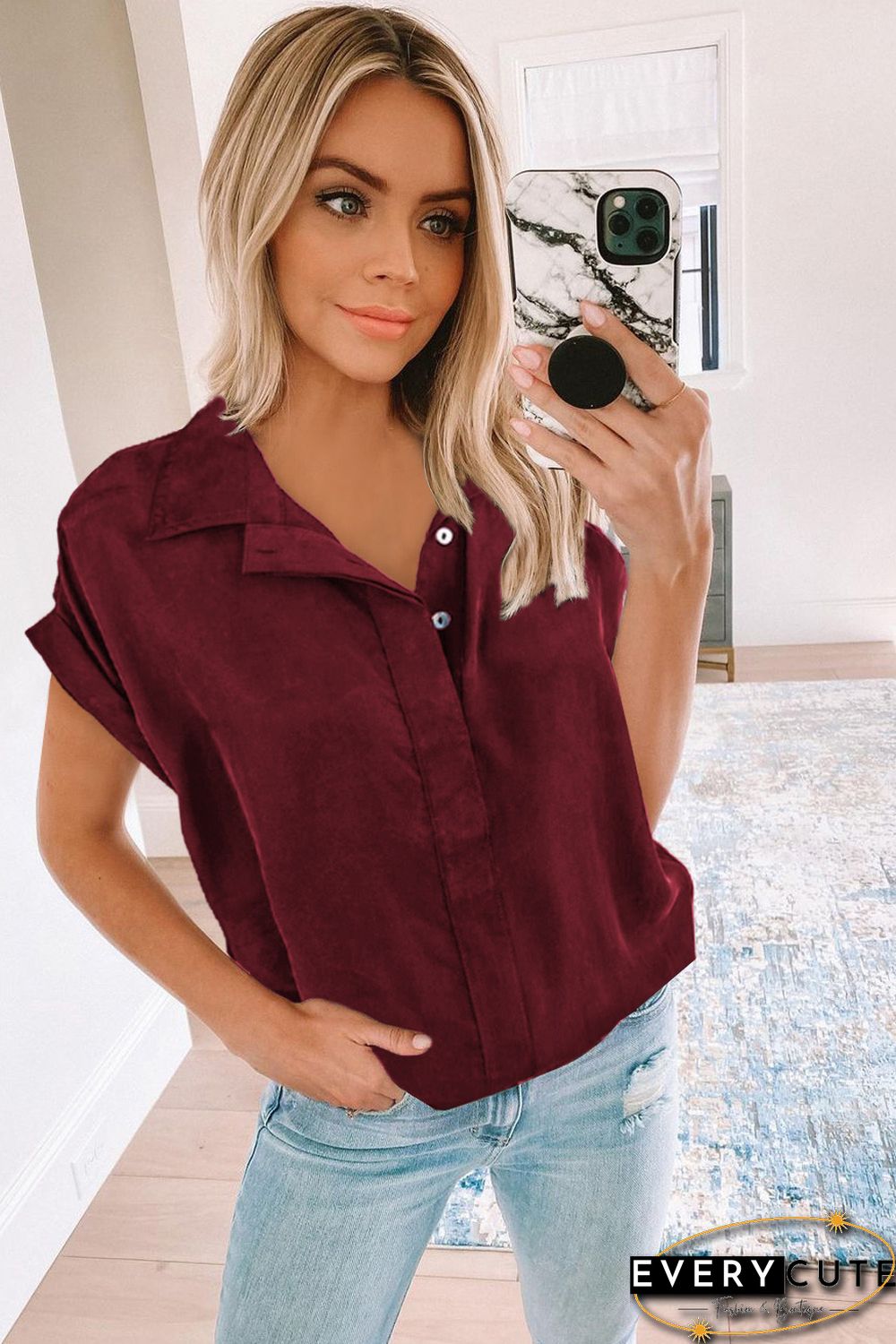 Wine Red Collared Button Short Sleeves Shirt