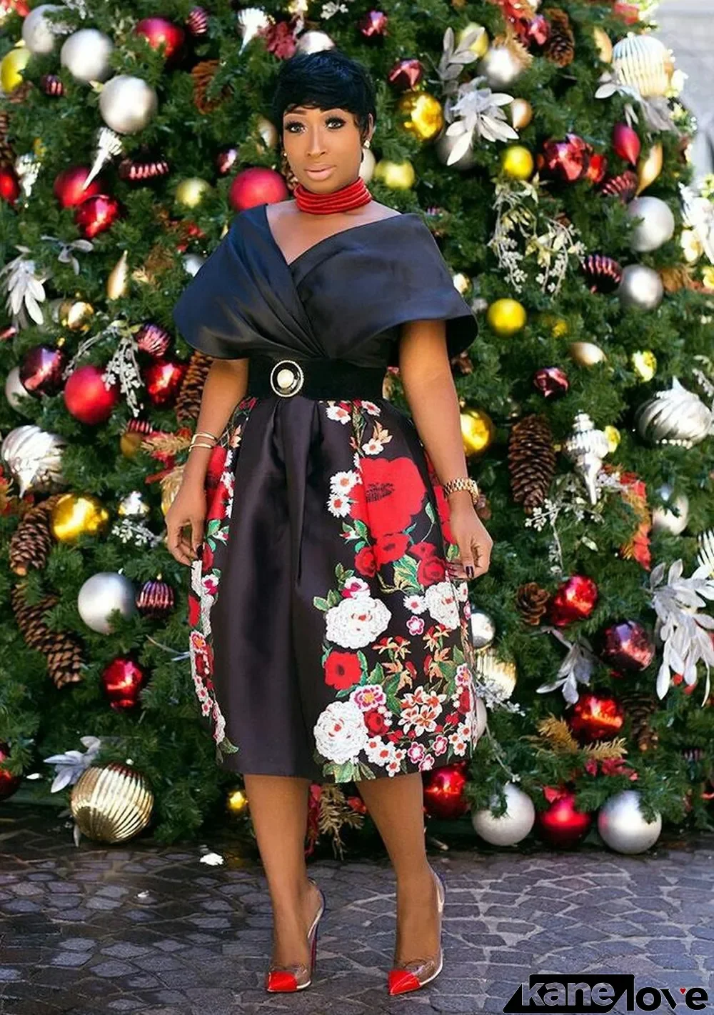 Black Print Loose Plus Size Fashion Long Dress Print Mid Waist Off Shoulder A-Line Dress (Without Belt)