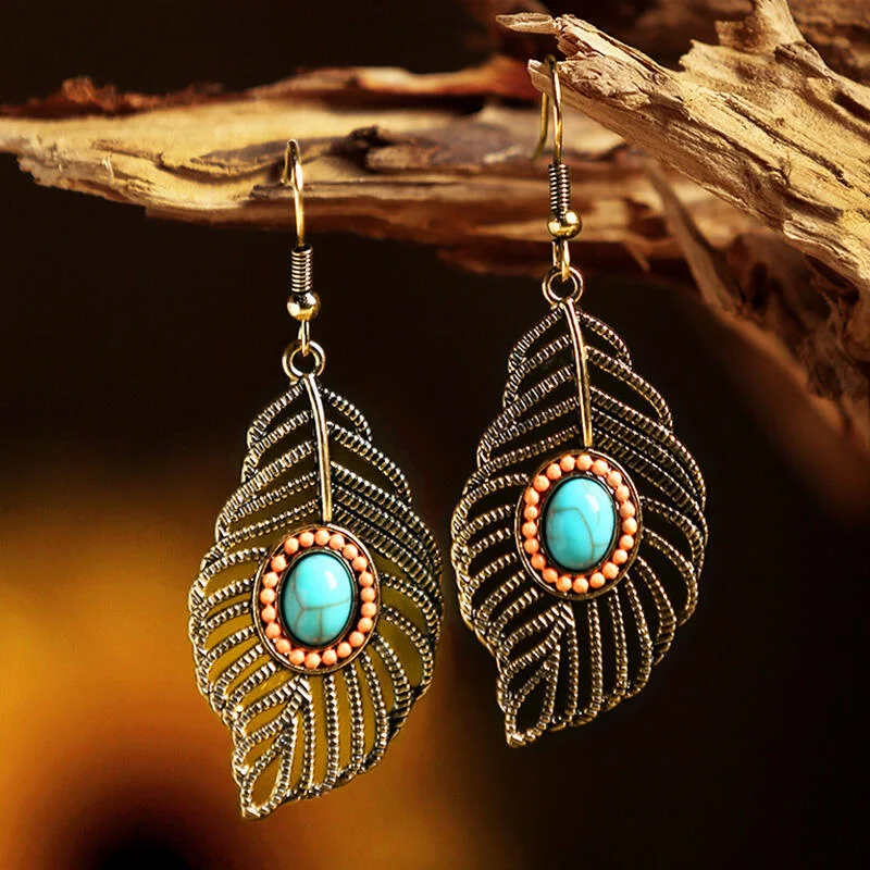 Ethnic Turquoise Hollow Out Feather Earrings