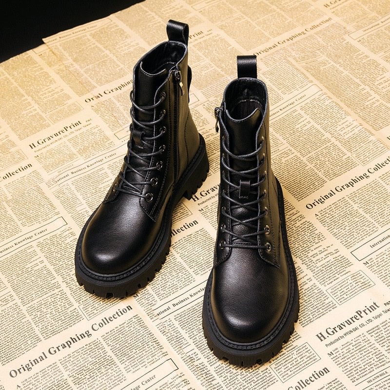 Comemore New Ladies Combat Autumn Martin Boot Women's Shoes Woman Fashion Leather Ankle Boots Winter Black Comfortable Platform