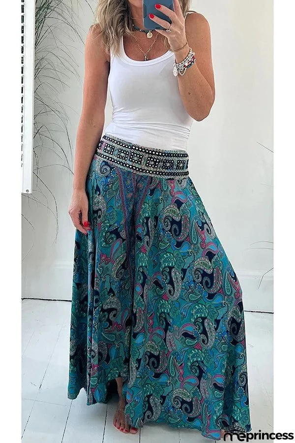 Ethnic Paisley Print Elastic Patchwork Waist Pocketed Lightweight Pants