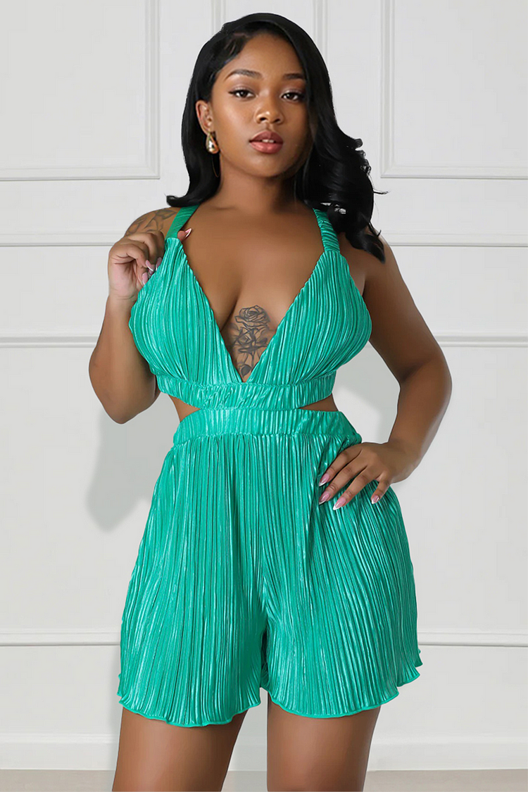 Deep V Neck Backless Cami Cutout Pleated Playsuit Romper-Green