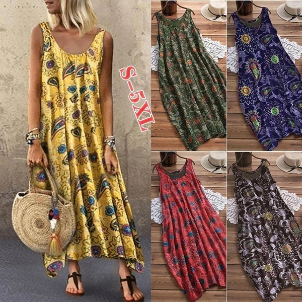 Summer Women Totem Printed Off Sholuder Casual Dresses Round Neck Loose Holiday Beach Long Dresses Plus Size S-5XL