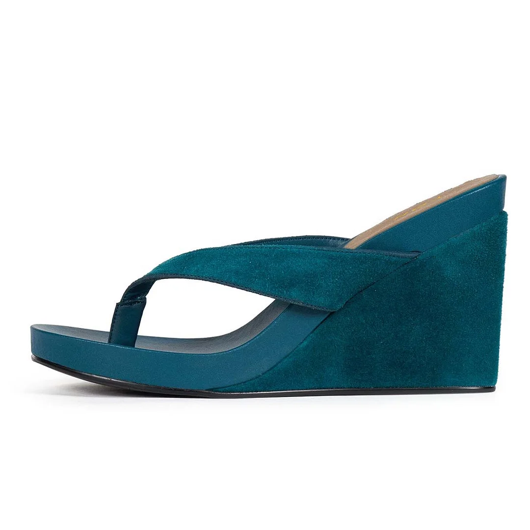 Blue Vegan Suede Open Round Toe Wedge Heeled Sandals with Platform
