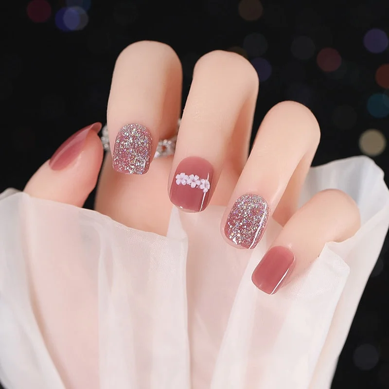 24 Pcs Nude Color nail tips Women Wearable  Fake press on Nails with Diamond Short Round Full Cover artificial nails with Glue-Nail Inspo