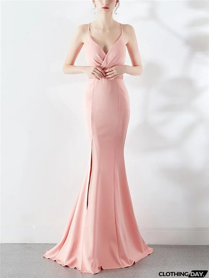 Stunning Wrap Neck Backless Sweep Train Strappy Dress for Evening Party