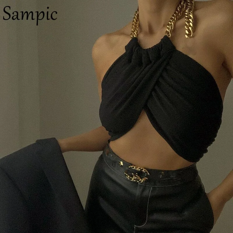 Sampic 2021 Y2K Casual Summer Sexy Women Chain Halter Tank Tops Casual Off Shoulder Skinny Crop Tops Underwear