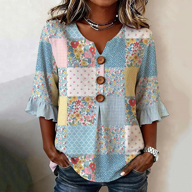 Comstylish Women's Casual Patchwork Floral Print Top