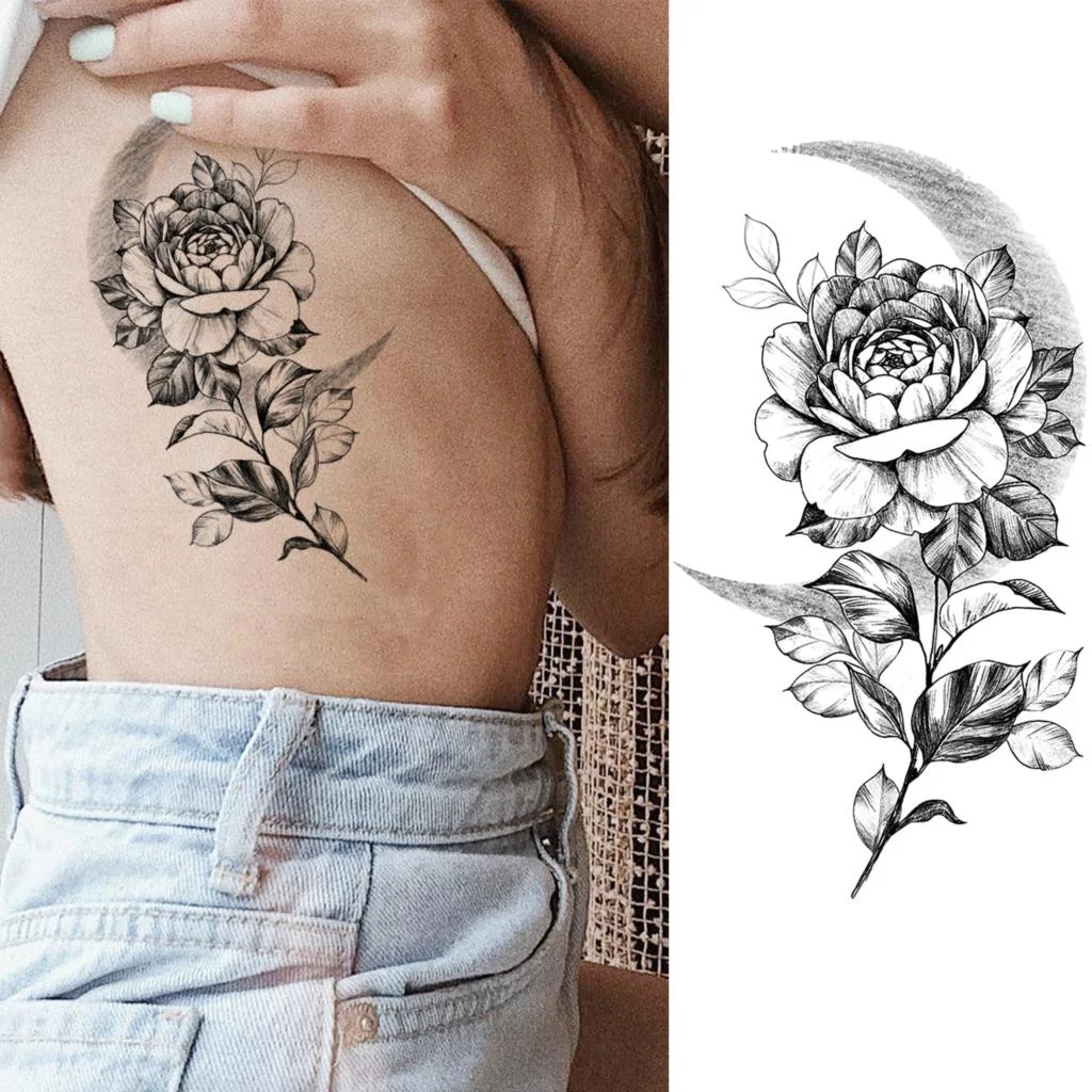 Realistic Rose Flower Sexy Boobs Temporary Tattoos For Women Adult Girl Peony Moon Round Fake Tattoo Fashion Half Sleeve Tatoos