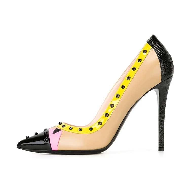 Khaki Studs Shoes Pointy Toe Stiletto Heel Pumps for Office Lady |FSJ Shoes