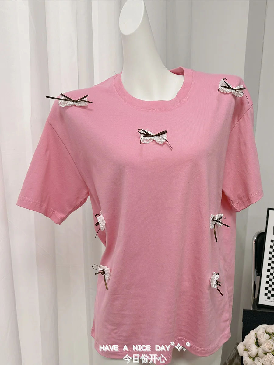 Athvotar Athvotar Spring And Summer New Sweet Bow Splicing Short-Sleeved T-Shirt Women's Round Collar Loose Cotton Top