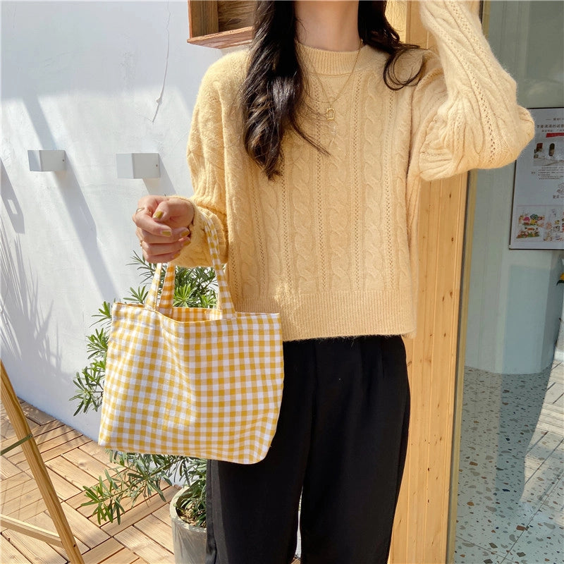 010271 Artistic Fresh Portable Lunch Bag Japanese Plaid Mummy Student Portable Small Bag Walking Bag