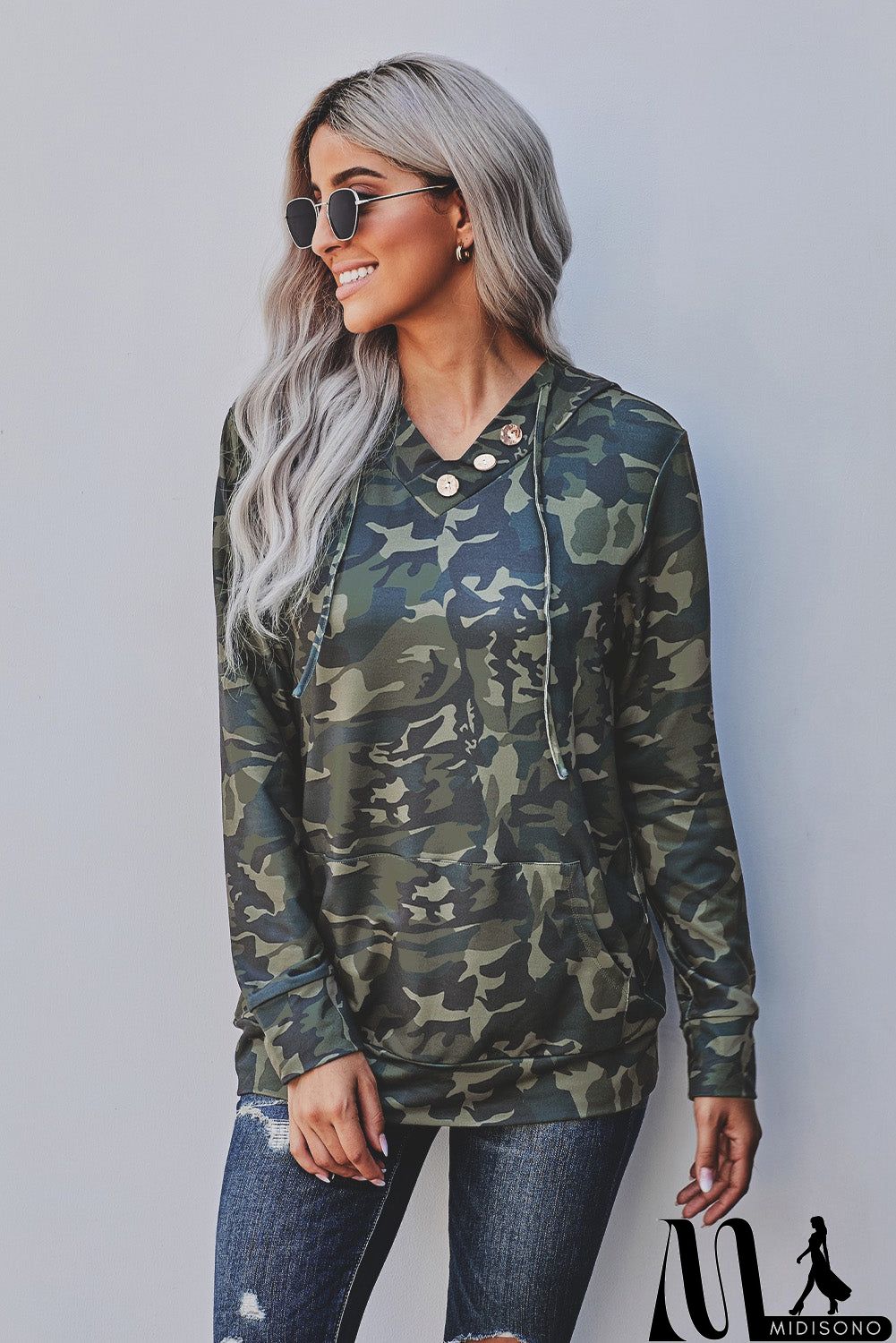 MidiSono - Green Camo Print Kangaroo Pocket Hoodie