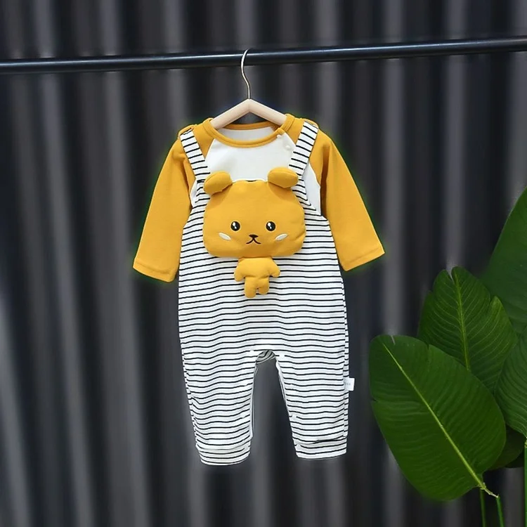 Baby Boy/Girl Block Color Long Sleeve T-shirt and 3D Bear Overalls Romper