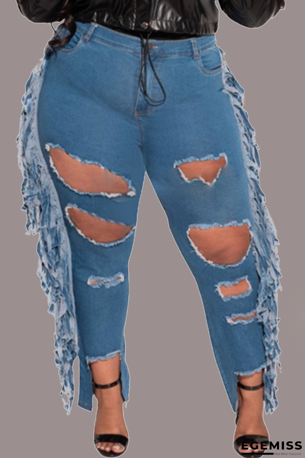 Blue Casual Solid Tassel Ripped Plus Size Jeans | EGEMISS