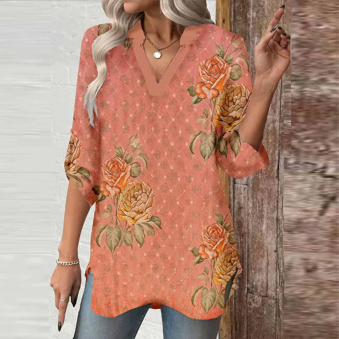Women Floral, Retro, Orange DZGA0507 3/4 Sleeve V-neck Printed Graphic Button Tops