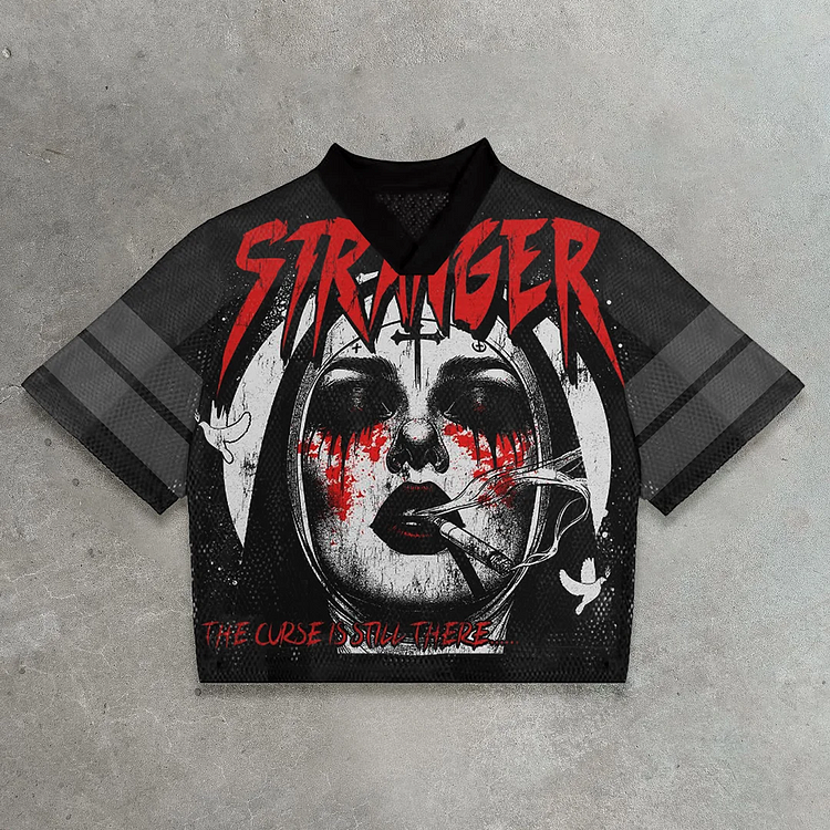 Vintage The Curse Is Still There Graphics Blokecore Blokette Cotton Football V-neck Jersey T-shirt