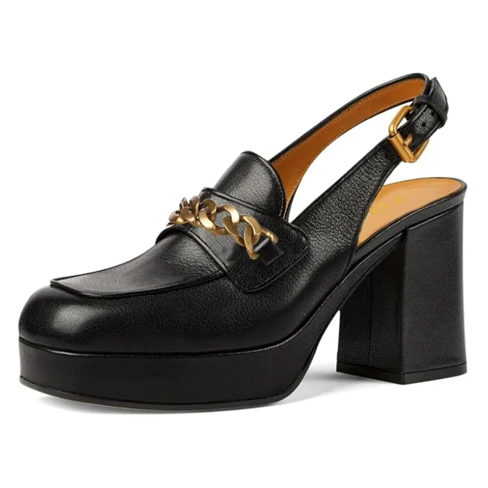 Black Square Toe Chain Decor Slingback Platform Loafers Women