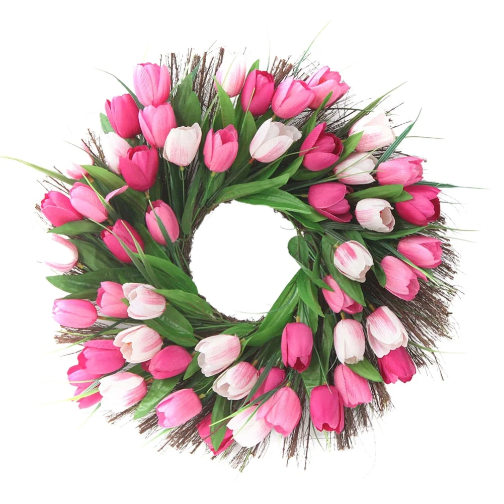 Simulation Pink Tulip Wreath Wedding Decoration Wall Hanging Wreath Artificial Flowers Wreath Spring Decor For Front Door Garden