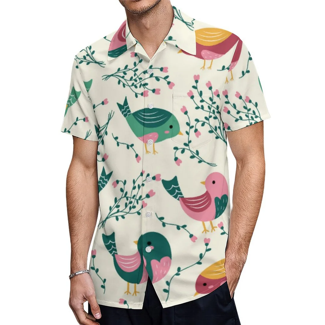 Short Sleeve Pink And Green Birds Botanical Hawaiian Shirt Mens Button Down Plus Size Tropical Hawaii Beach Shirts