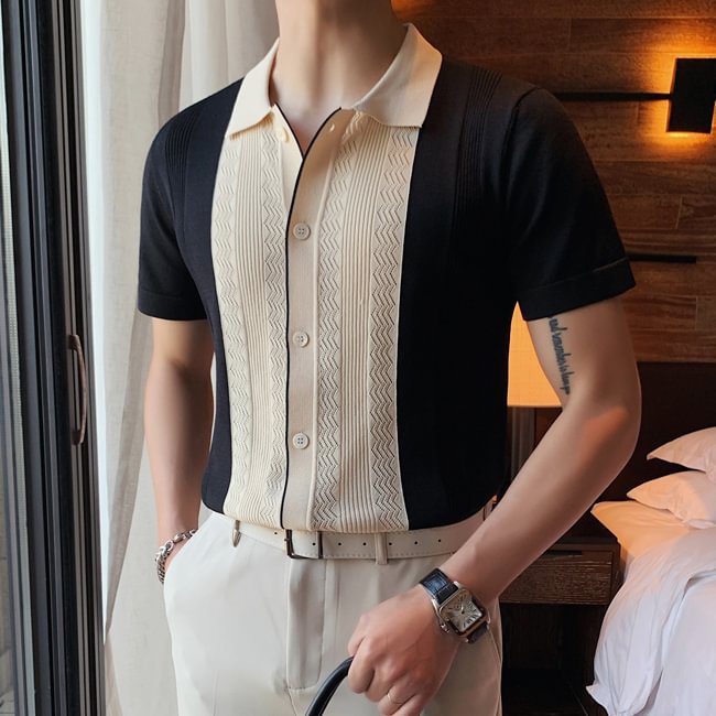 Men's Striped Print Casual Polo Shirt