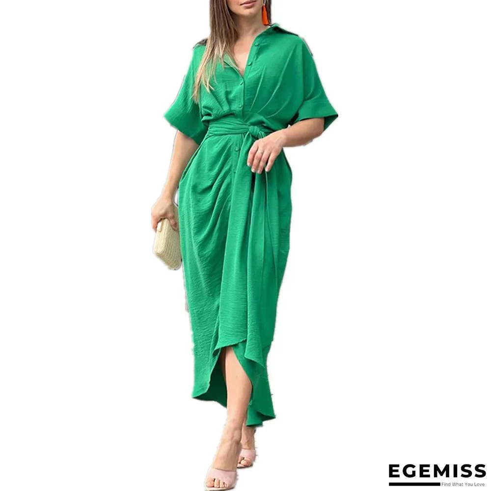Lapel Mid Length Short Sleeve Single Breasted High Waist Shirt Dress | EGEMISS