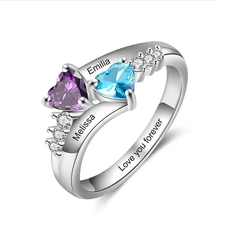 Promise Ring with 2 Birthstones Engraved 2 Names Personalized Ring Silver Valentines Day Gift