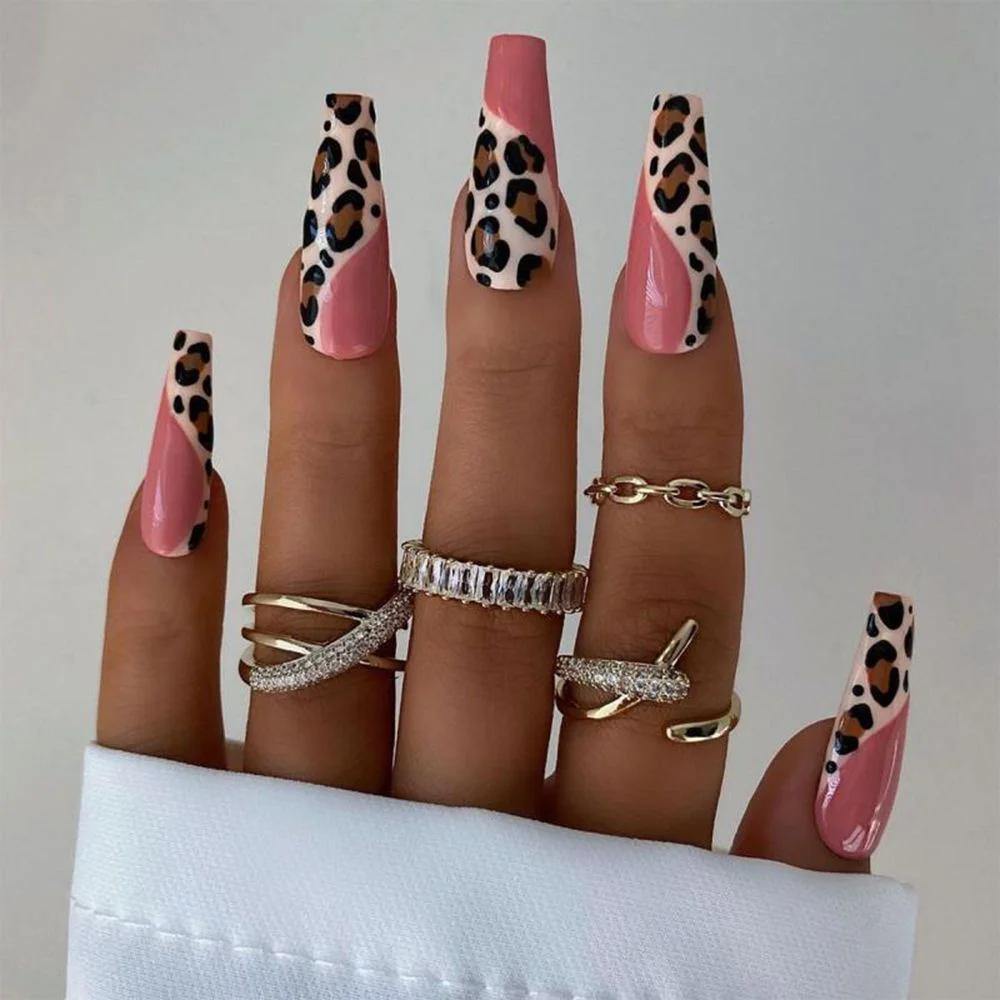 Pink Leopard Wave Designs False Nails French Long Coffin Fake Nail Artificial Full Cover Nail Art Tips Press on Nail 24Pcs