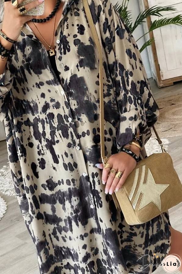 Apricot Splash Ink Print Long Sleeve Button Front Split Dress