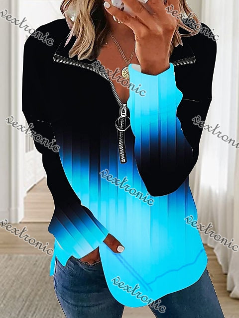 Women Long Sleeve V-neck Colorblock Printed Tops