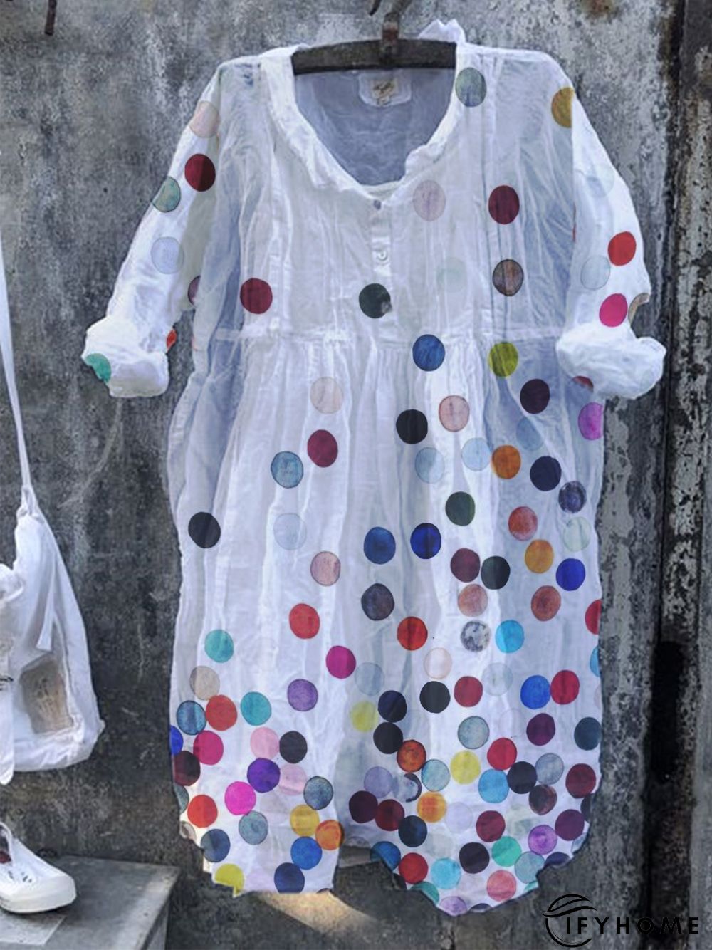 A-Line Cotton-Blend Polka Dots Casual Weaving Dress | IFYHOME