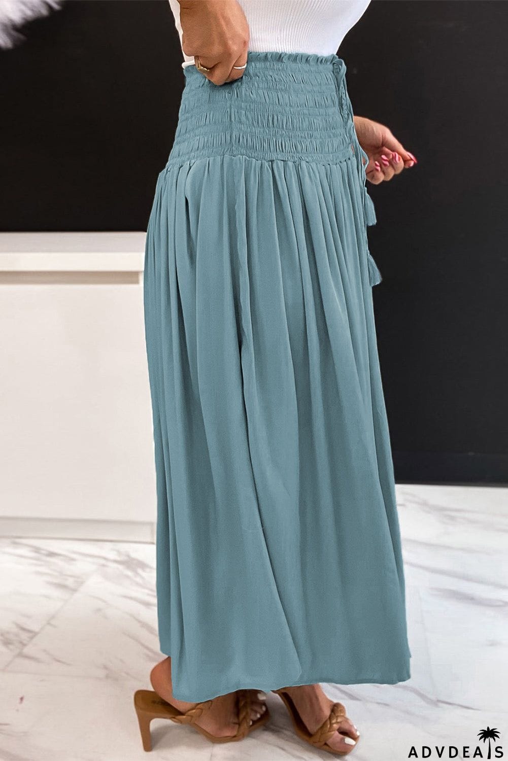 Drawstring Smocked High Waist A-line Skirt