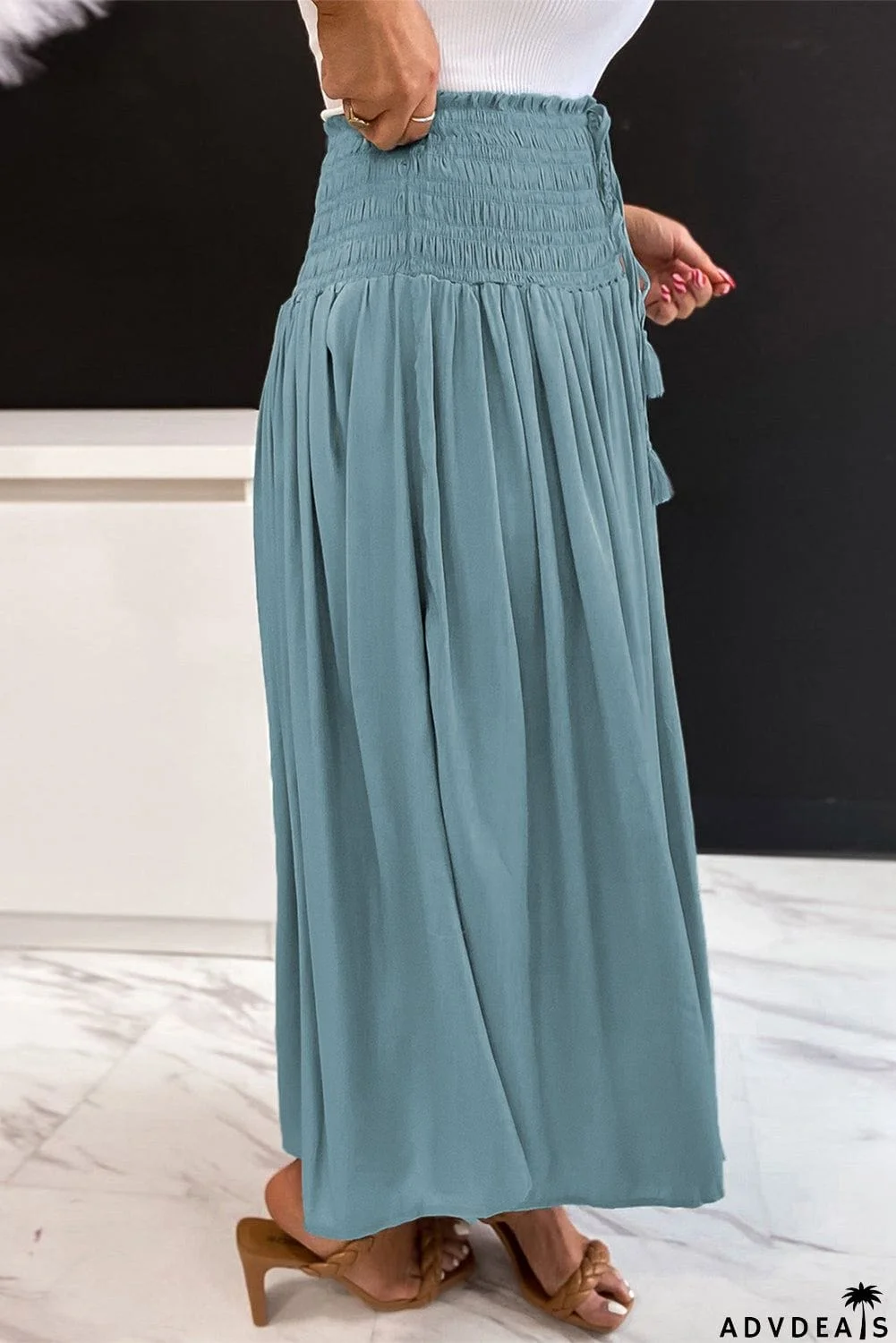 Drawstring Smocked High Waist A-line Skirt