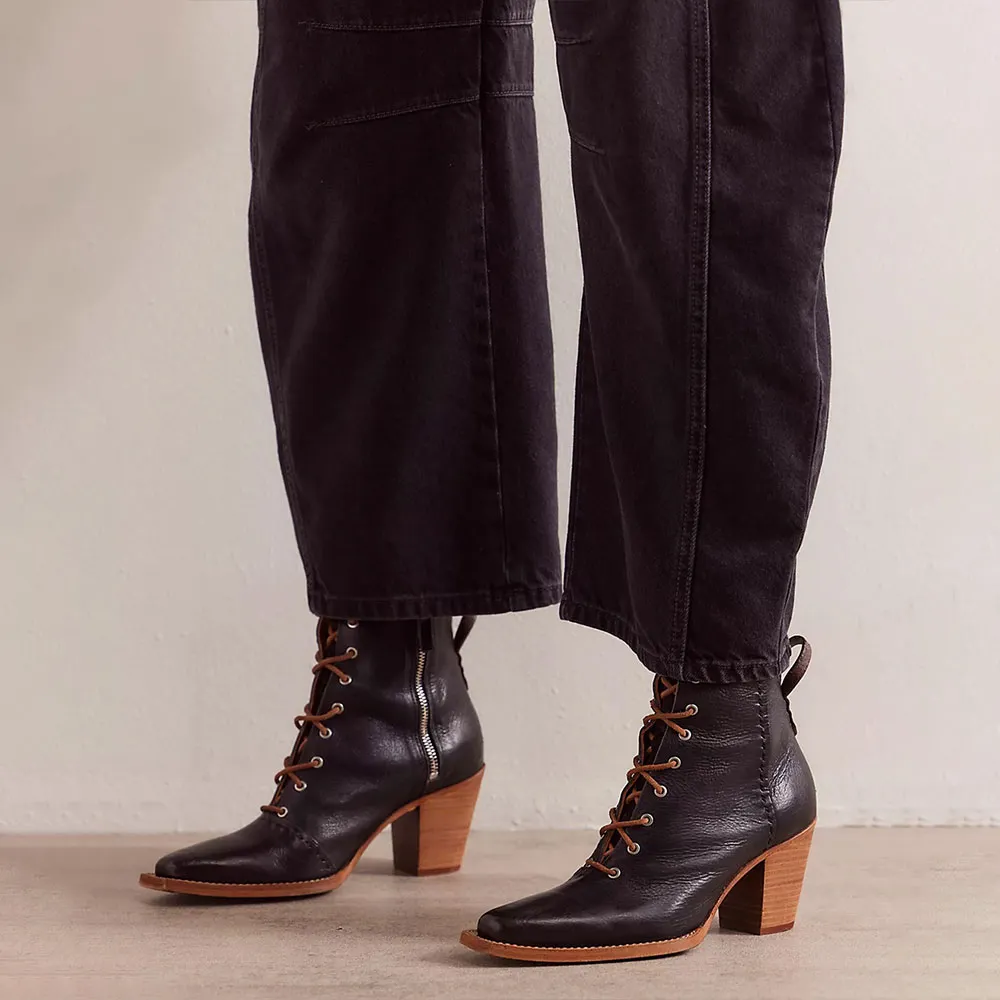 Black Square Toe Zipper Stacked Heel Lace-Up Short Boots for Women