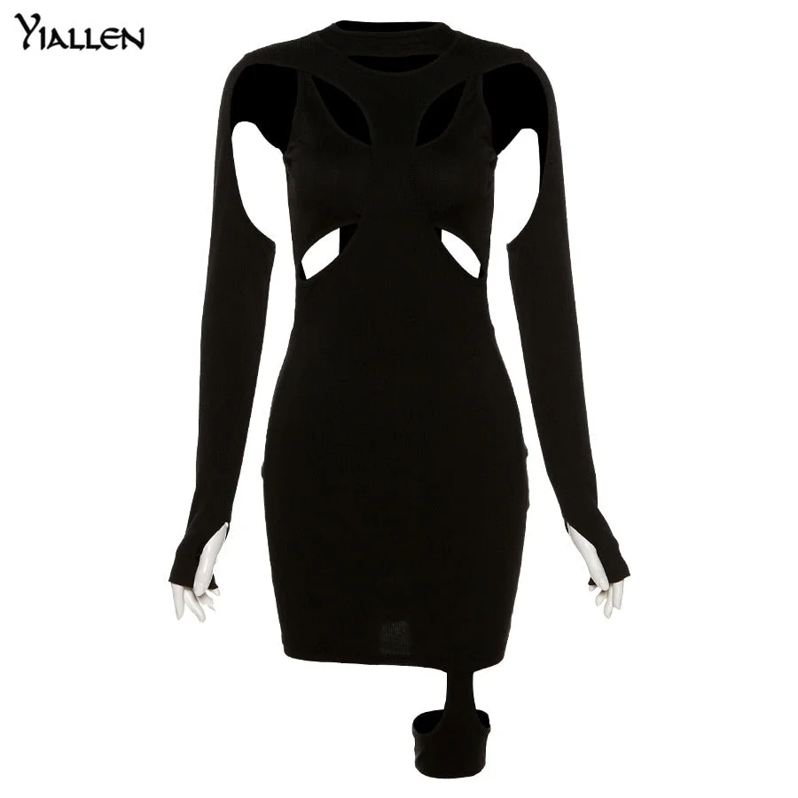 Yiallen Women Spring Casual High Street Stretch Slim Hollow Out Sexy Mini Bodycon Dresses 2021 New Simple Solid Black Dresses