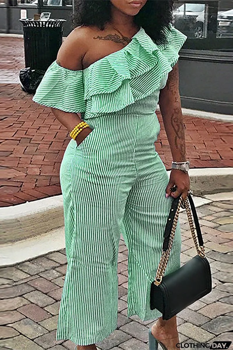 Casual Striped Patchwork Pocket Flounce Oblique Collar Regular Jumpsuits
