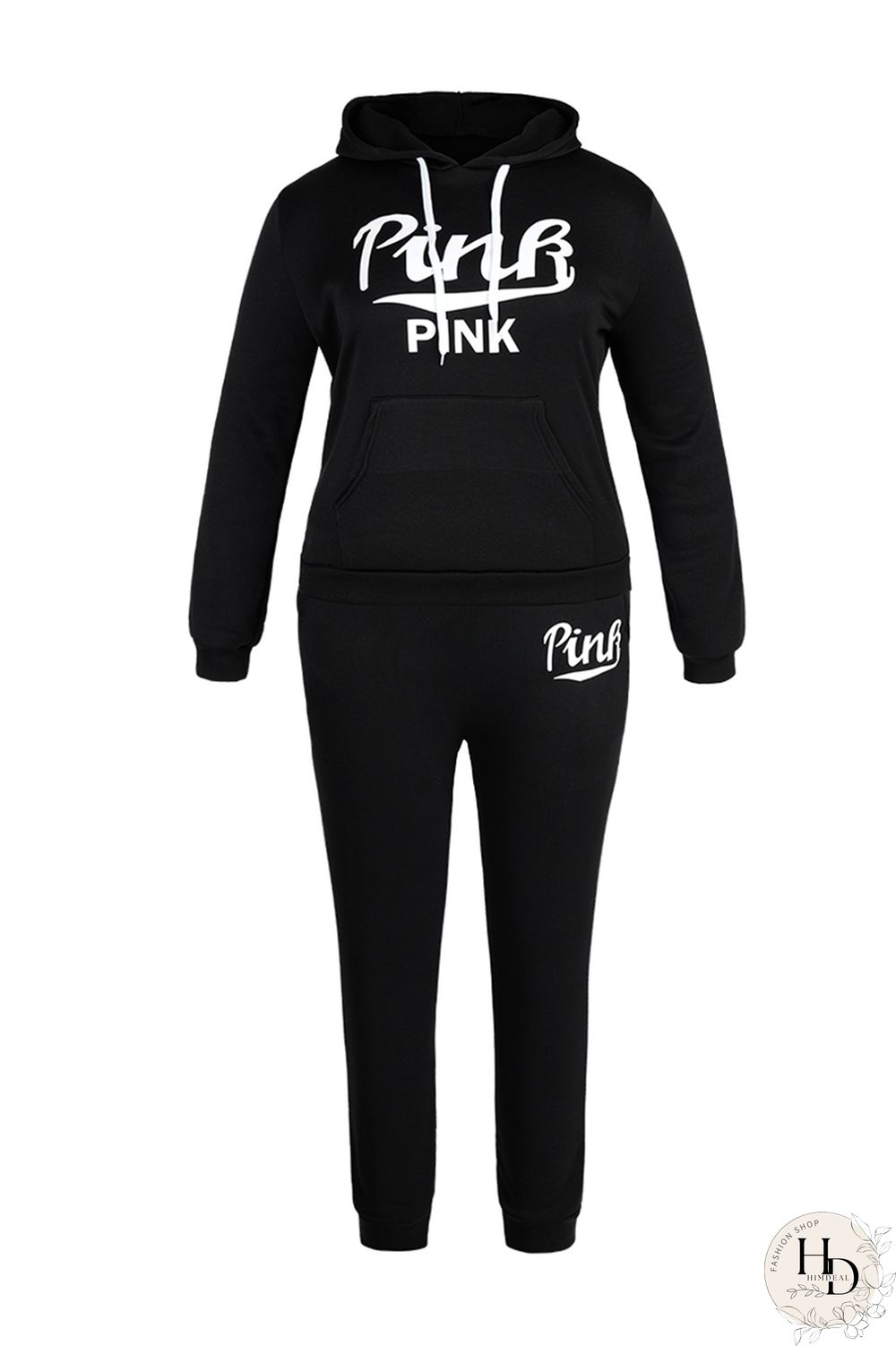 Black Fashion Casual Letter Print Basic Hooded Collar Plus Size Two Pieces