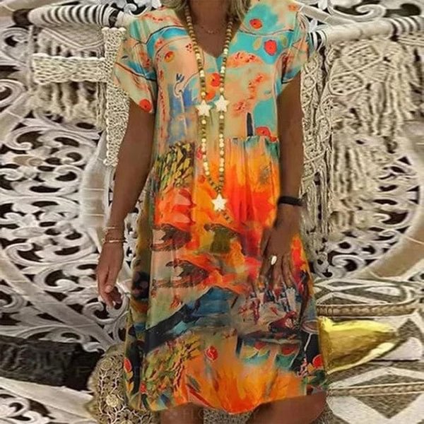 Orange Short Sleeve Print Mini Dress