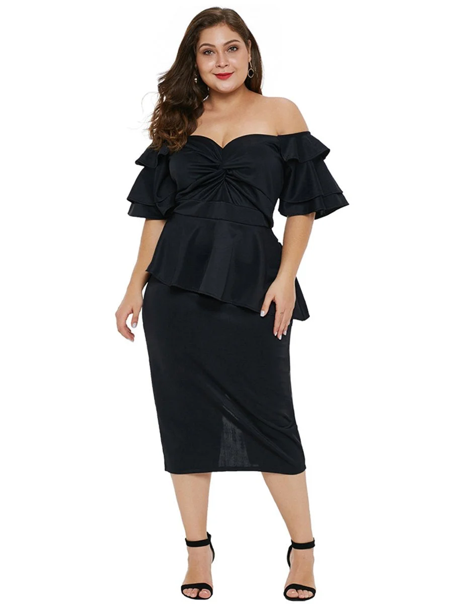 Plus Size Dress Multi-layer Ruffled V Neck Midi Bodycon Dress