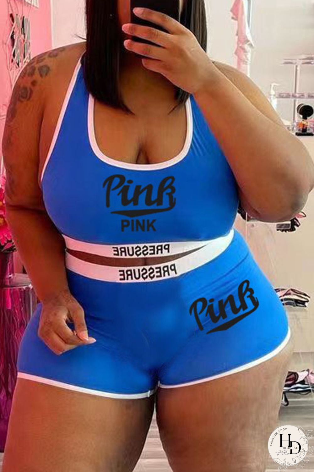 Blue Casual Letter Print Patchwork Spaghetti Strap Plus Size Two Pieces